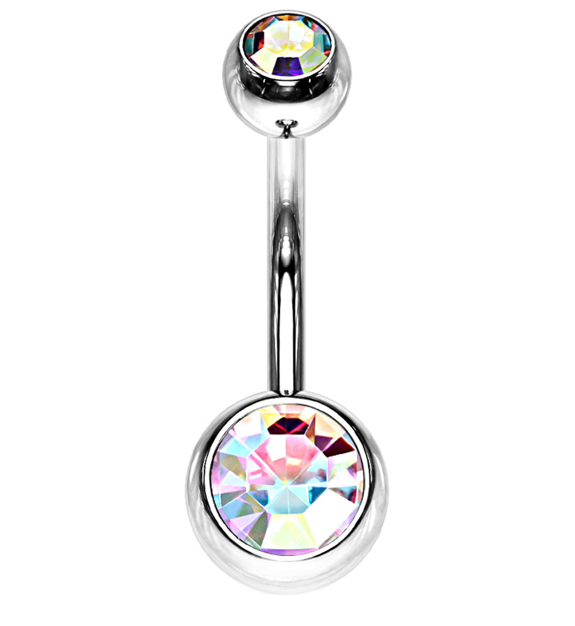 Internally Threaded Bezel Rainbow Aurora CZ Belly Button Ring