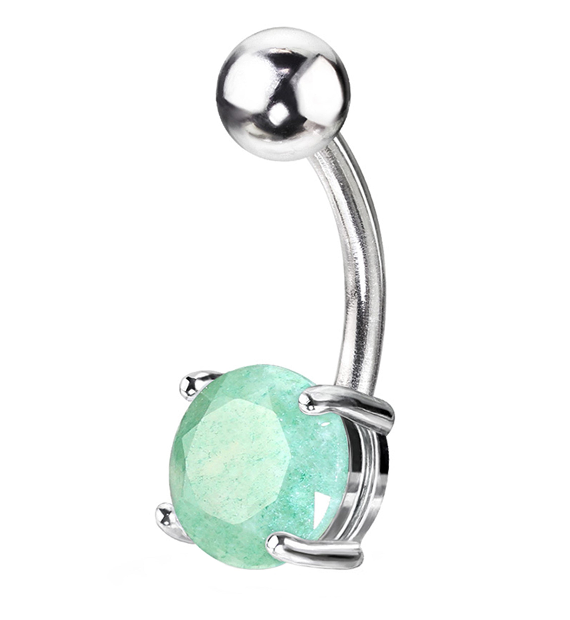 Jade Stone Prong Steel Belly Button Ring