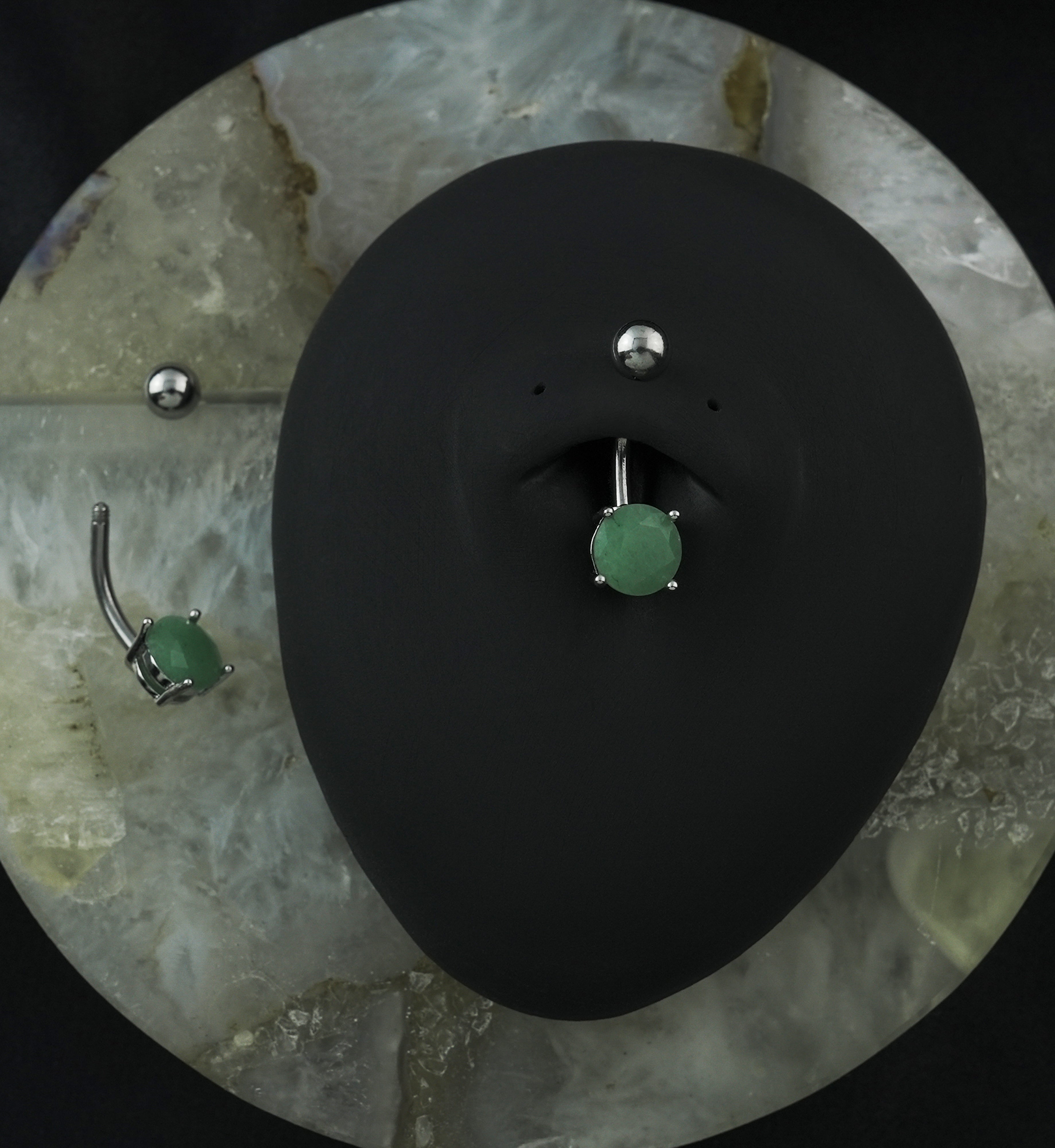 Jade Stone Prong Steel Belly Button Ring