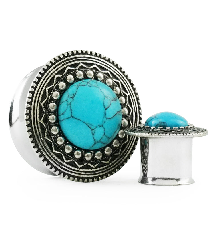 Lakota Shield With Turquoise Inlay Stainless Steel Plugs