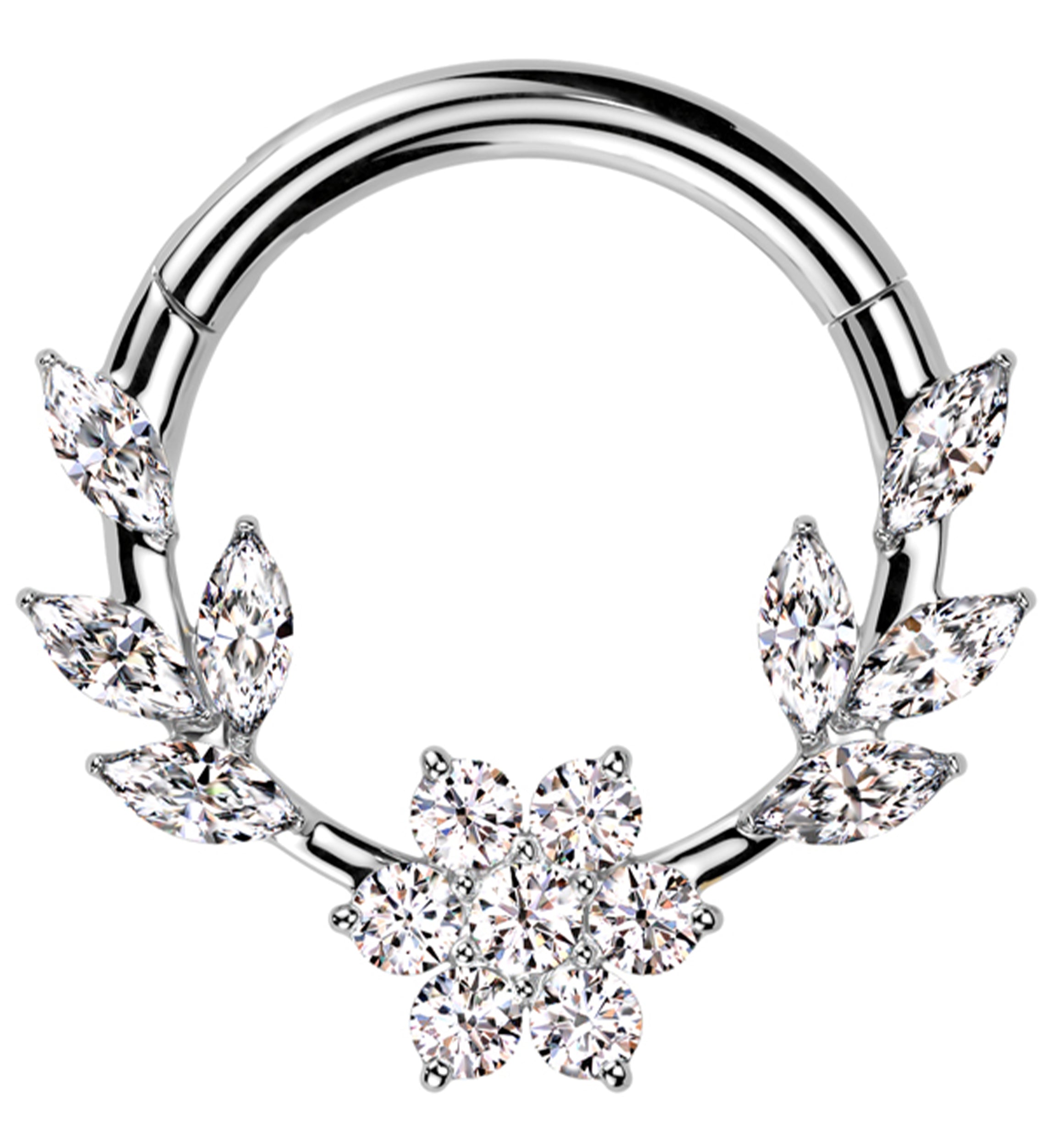 Laurel Flower Clear CZ Stainless Steel Hinged Segment Ring