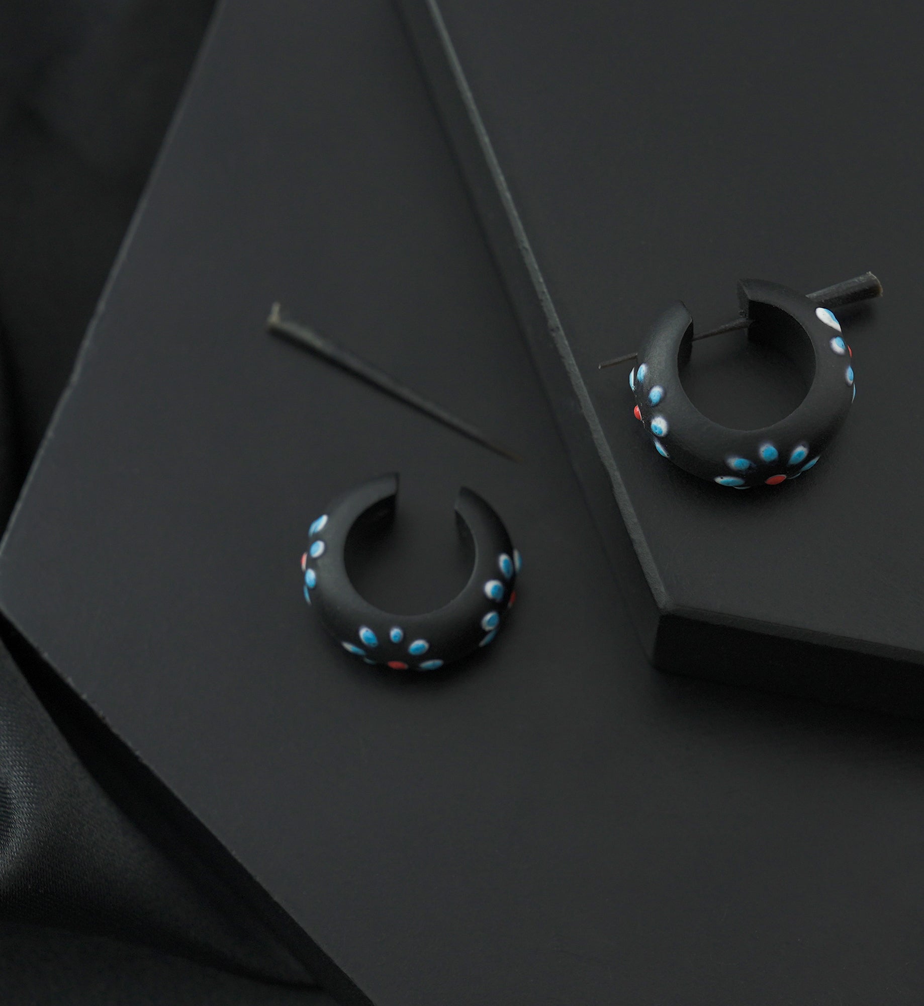 Light Blue Flower Narra Wood Hoop Earrings