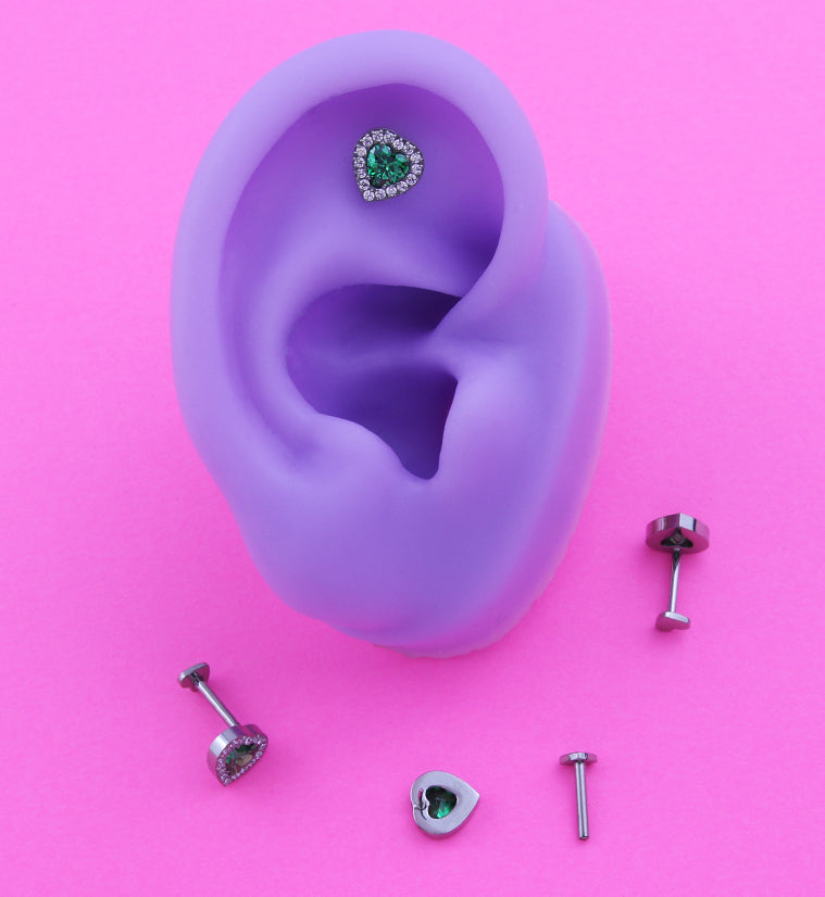 Lined Heart Green CZ Titanium Threadless Heart Back Labret