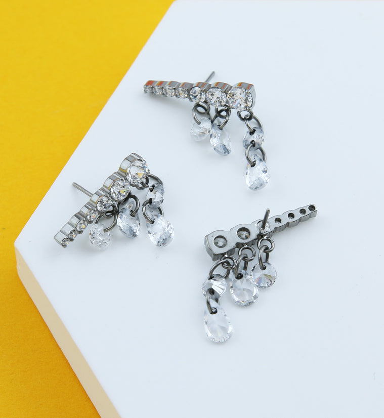 Long Descending Clear CZ Dangle Charms Titanium Threadless Top - LEFT EAR