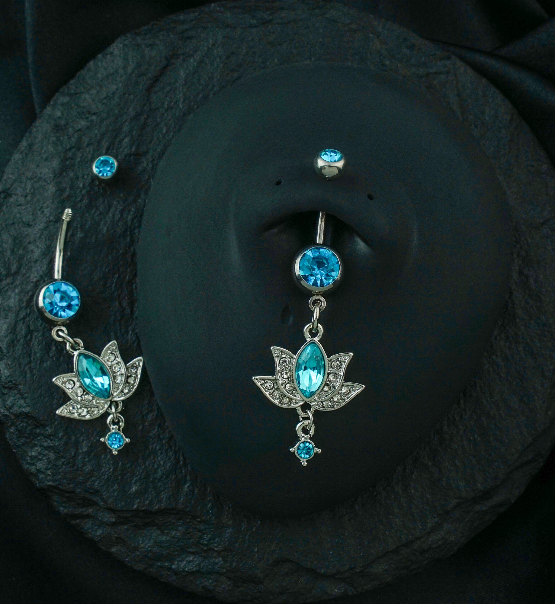 Lotus Flower Aqua Gem Belly Ring