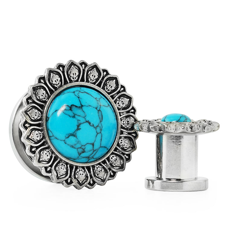 Lotus Flower Howlite Turquoise Stainless Steel Tunnel Plugs