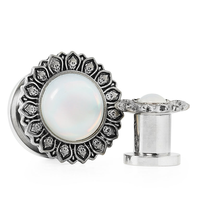 Lotus Flower White Opalite Stainless Steel Tunnel Plugs