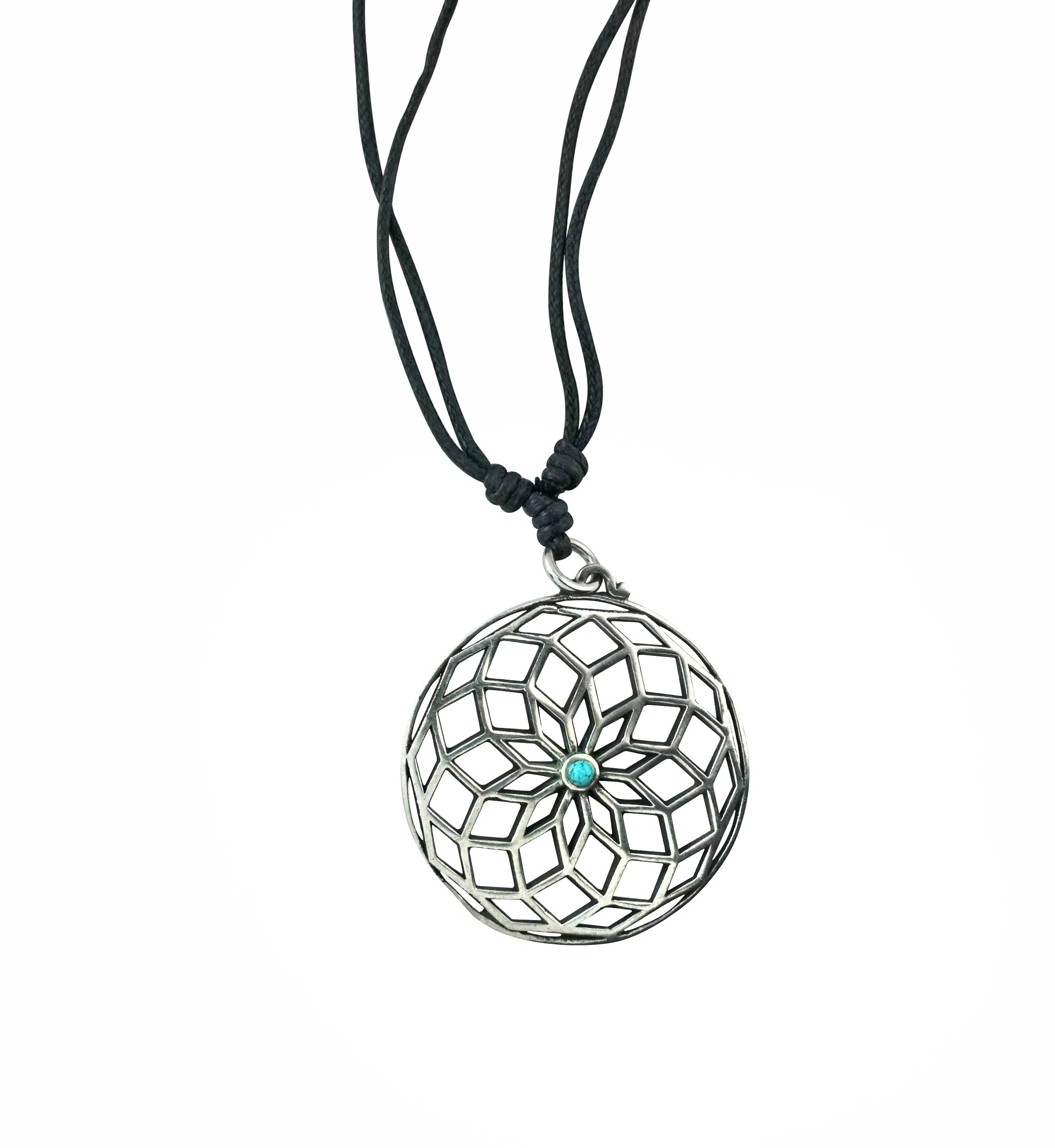 Lotus Of Life Howlite Turquoise Inlay White Brass Pendant Necklace