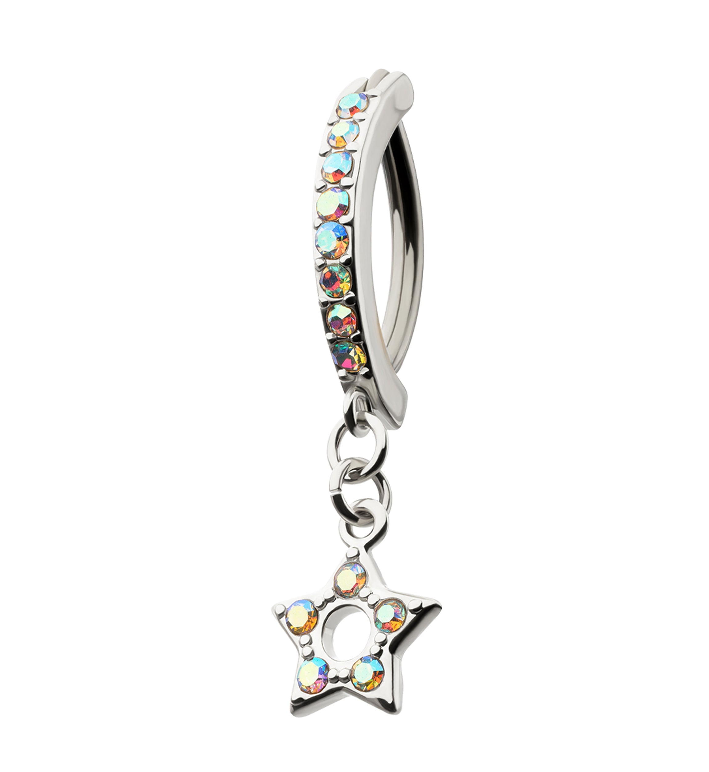 Lucky Star Rainbow Aurora CZ Dangle Stainless Steel Hinged Belly Button Ring