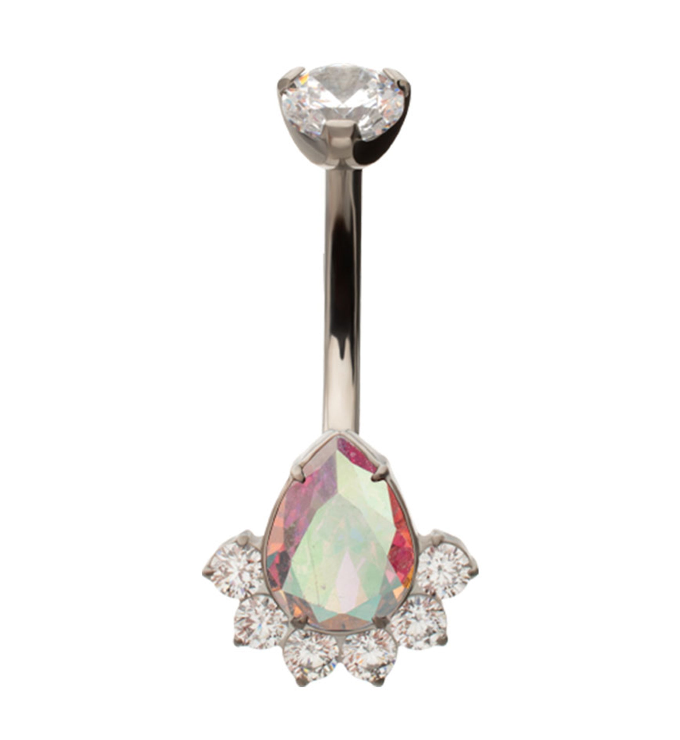 Lure Teardrop Rainbow Aurora CZ Titanium Internally Threaded Belly Button Ring