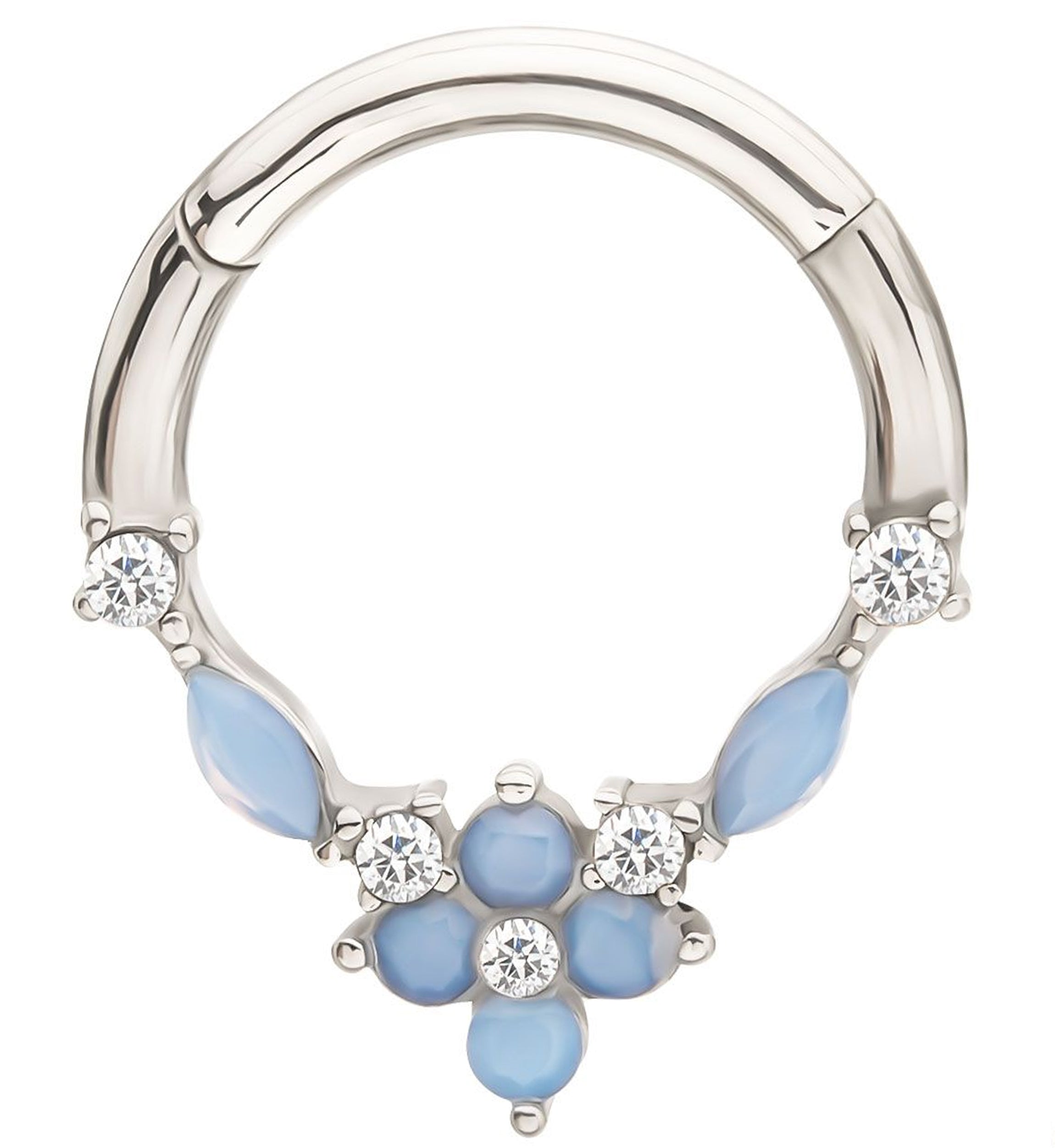 Marquise Flower Blue Opalite And Clear CZ Stainless Steel Hinged Segment Ring