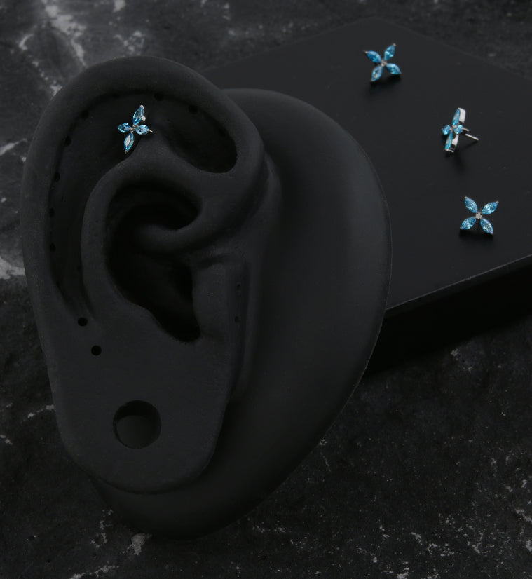 Marquise Quad Flower Aqua CZ Titanium Threadless Top