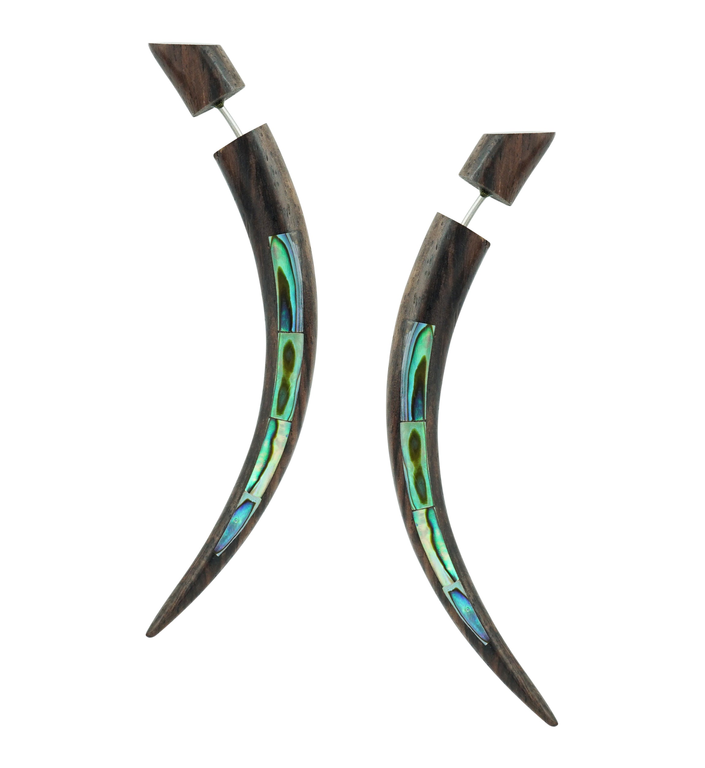 Medium Areng Wooden Taper with Paula Shell Inlay Fake Gauges Earrings