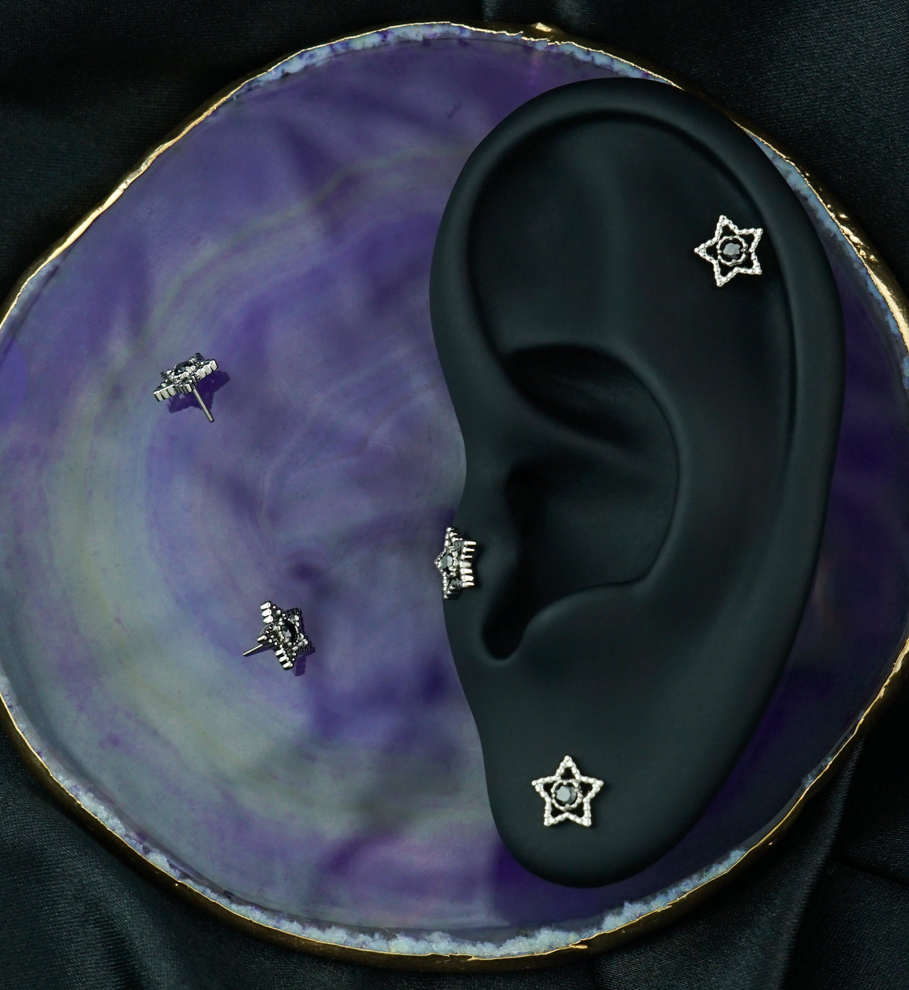 Milgrain Star Black CZ Titanium Threadless Top