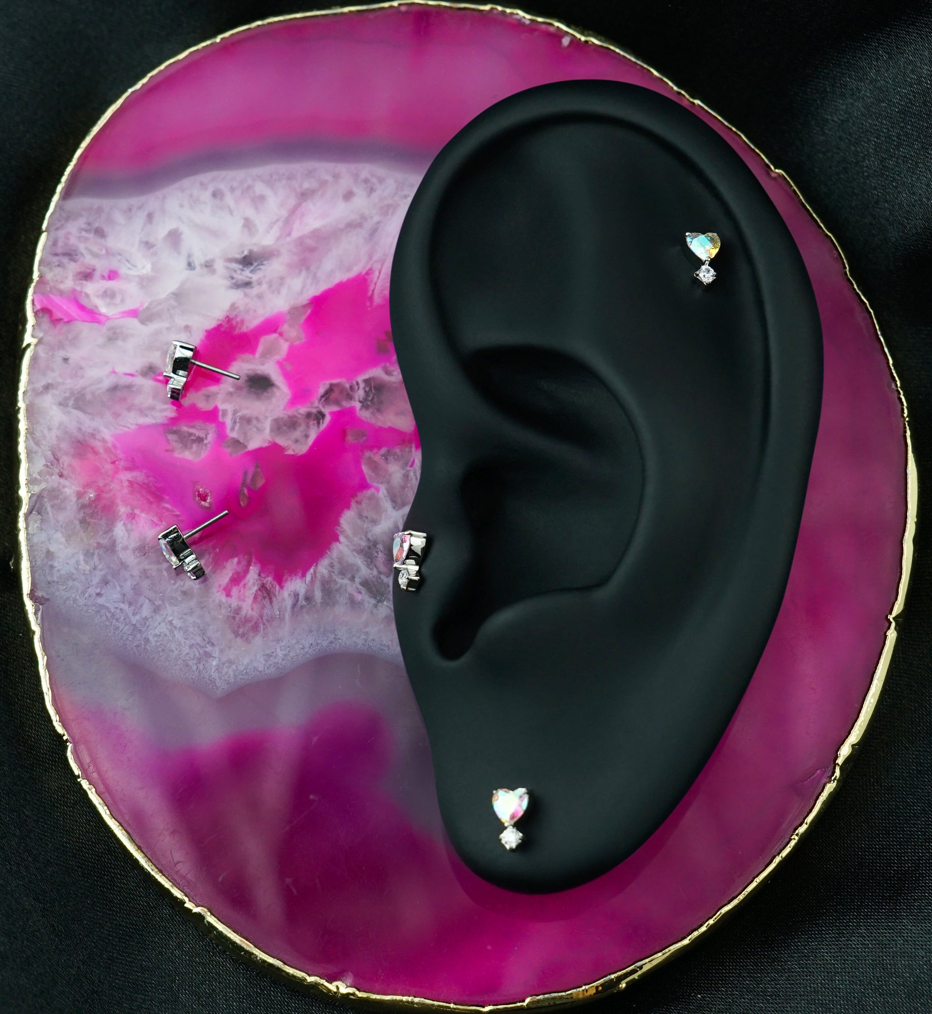 Mini Heart Dangle Rainbow Aurora CZ Titanium Threadless Top