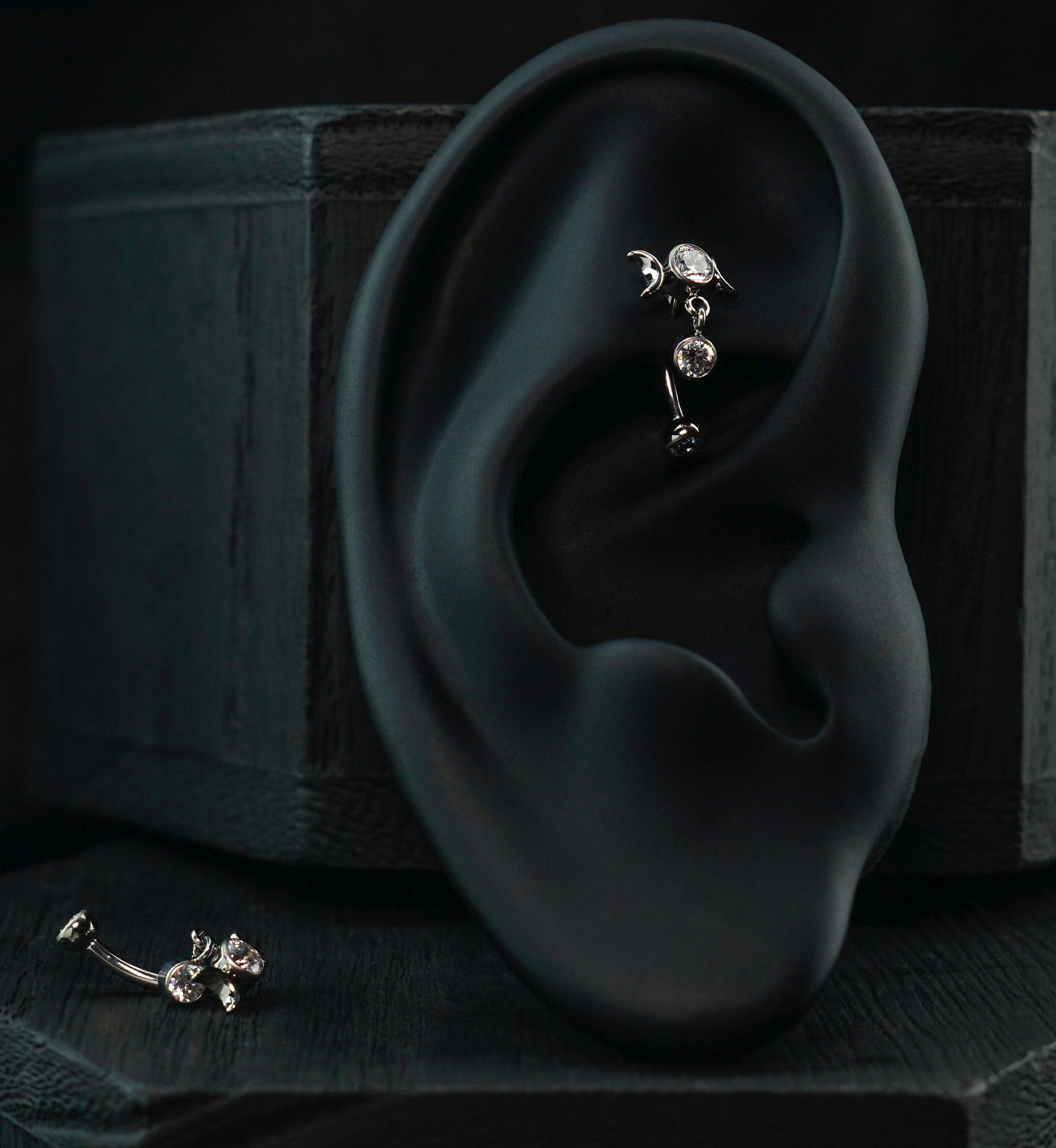 Moon Phase Floating Clear CZ Dangle Titanium Internally Threaded Curved Barbell