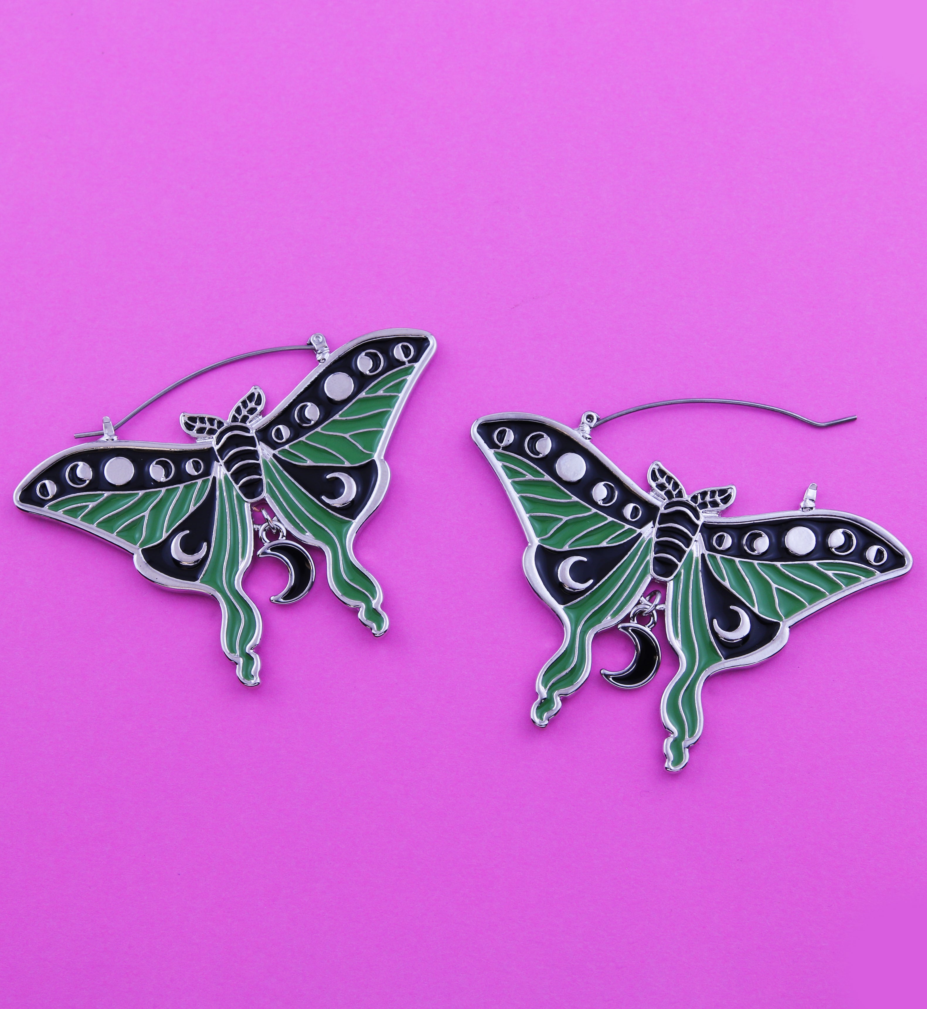 Moon Phase Moth Stainless Steel Plug Hoops