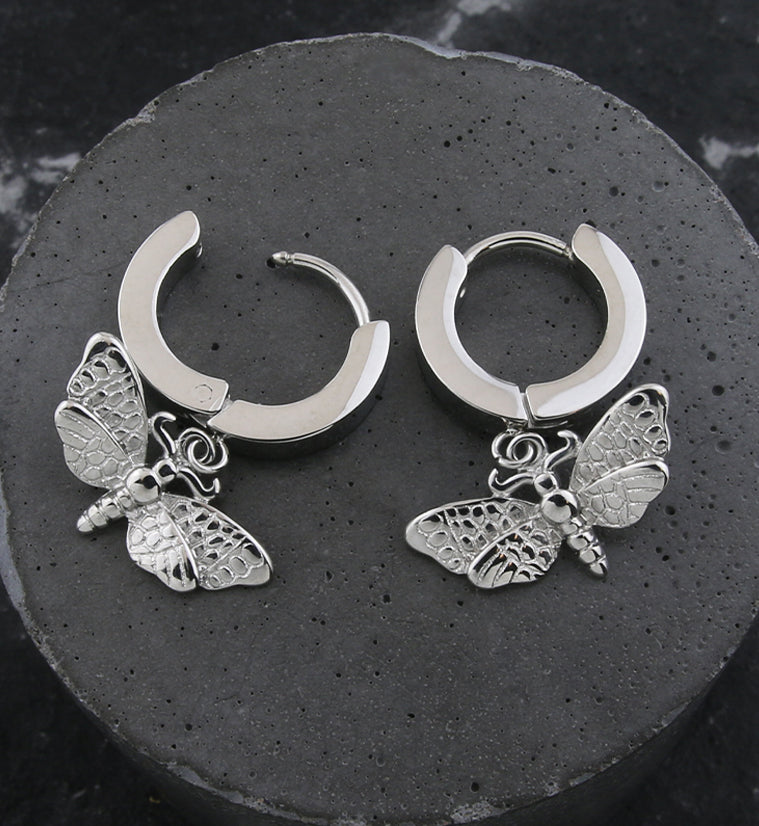 Moth Stainless Steel Hoop Huggie Earrings