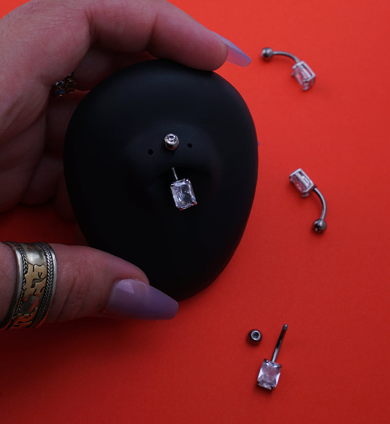 Oblong Brass Prong Clear CZ Titanium Belly Button Ring