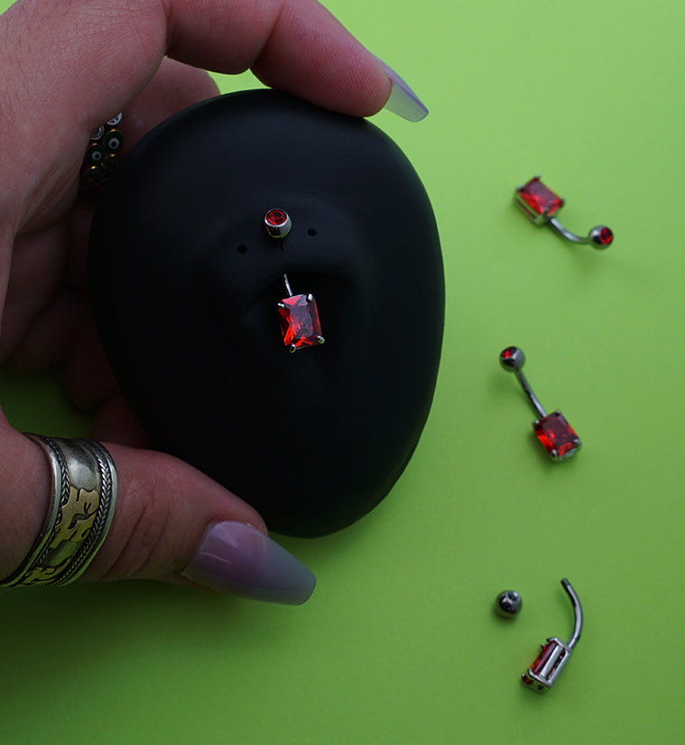 Oblong Brass Prong Red CZ Titanium Belly Button Ring