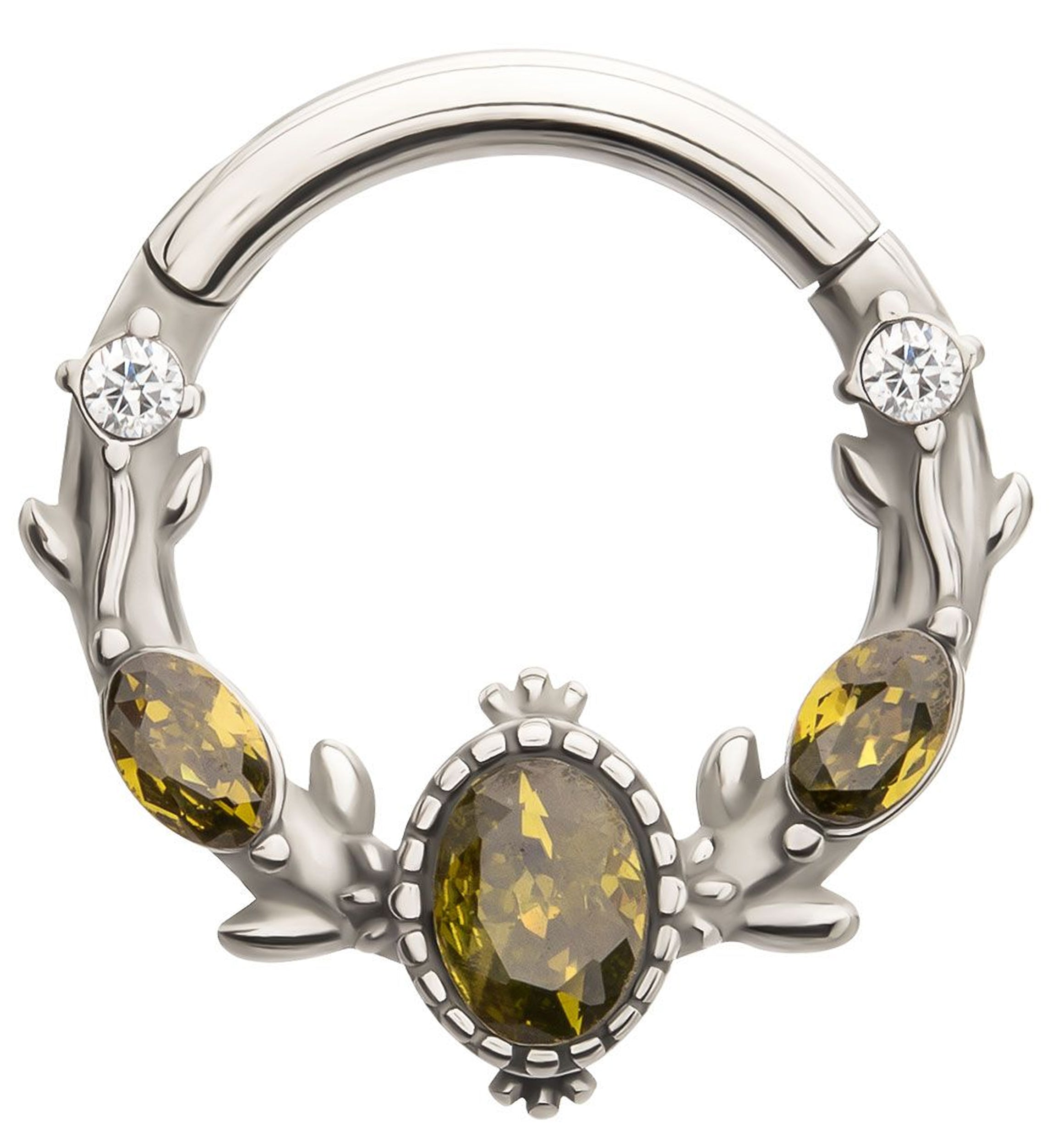 Olive Green CZ Vine Stainless Steel Hinged Segment Ring