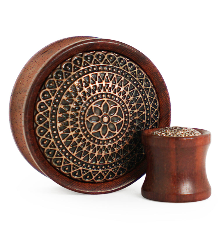 Rose Wood Plugs With Lotus Ornament Inlay