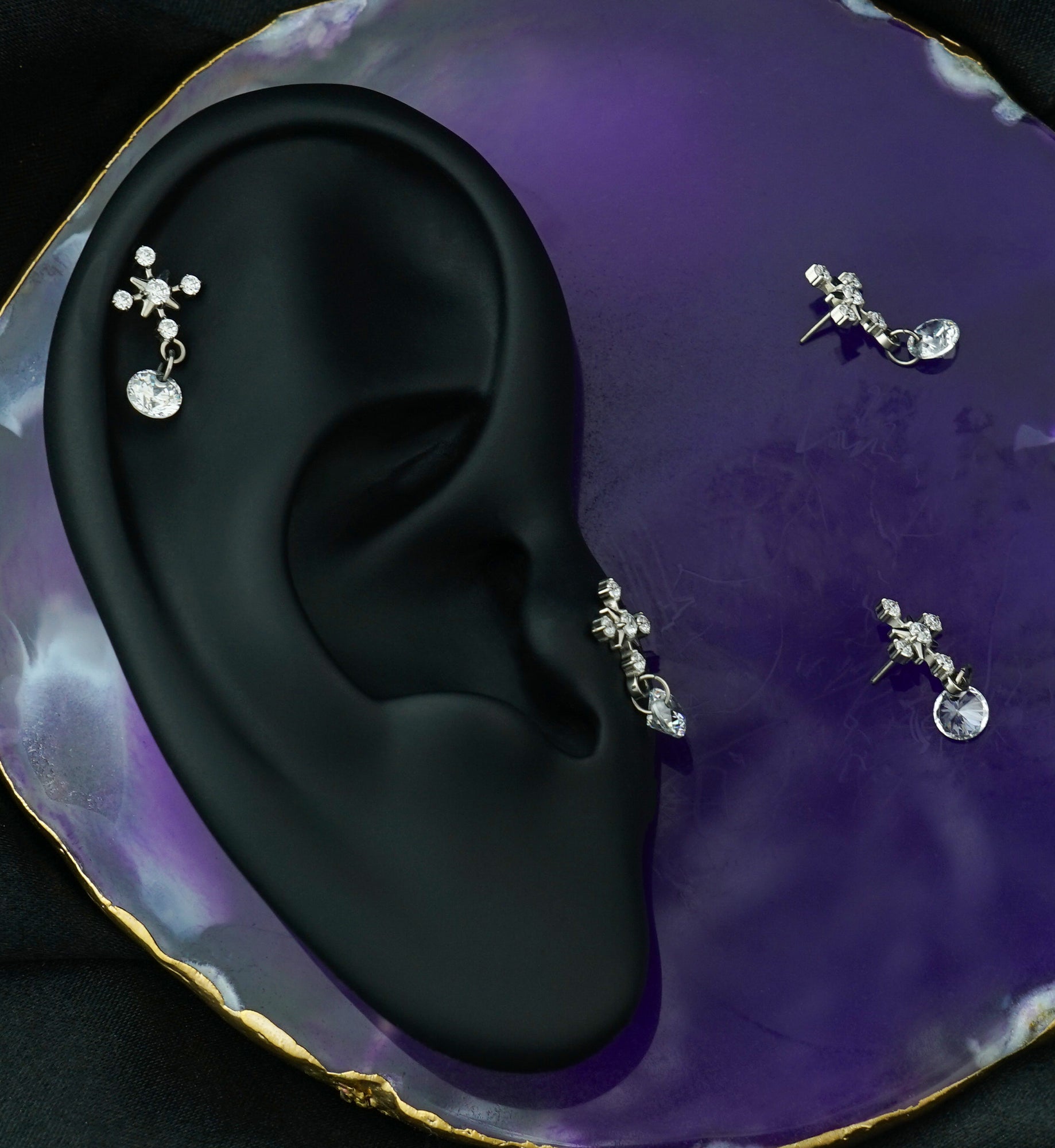 Ornamental Starburst Clear CZ Dangle Titanium Threadless Top