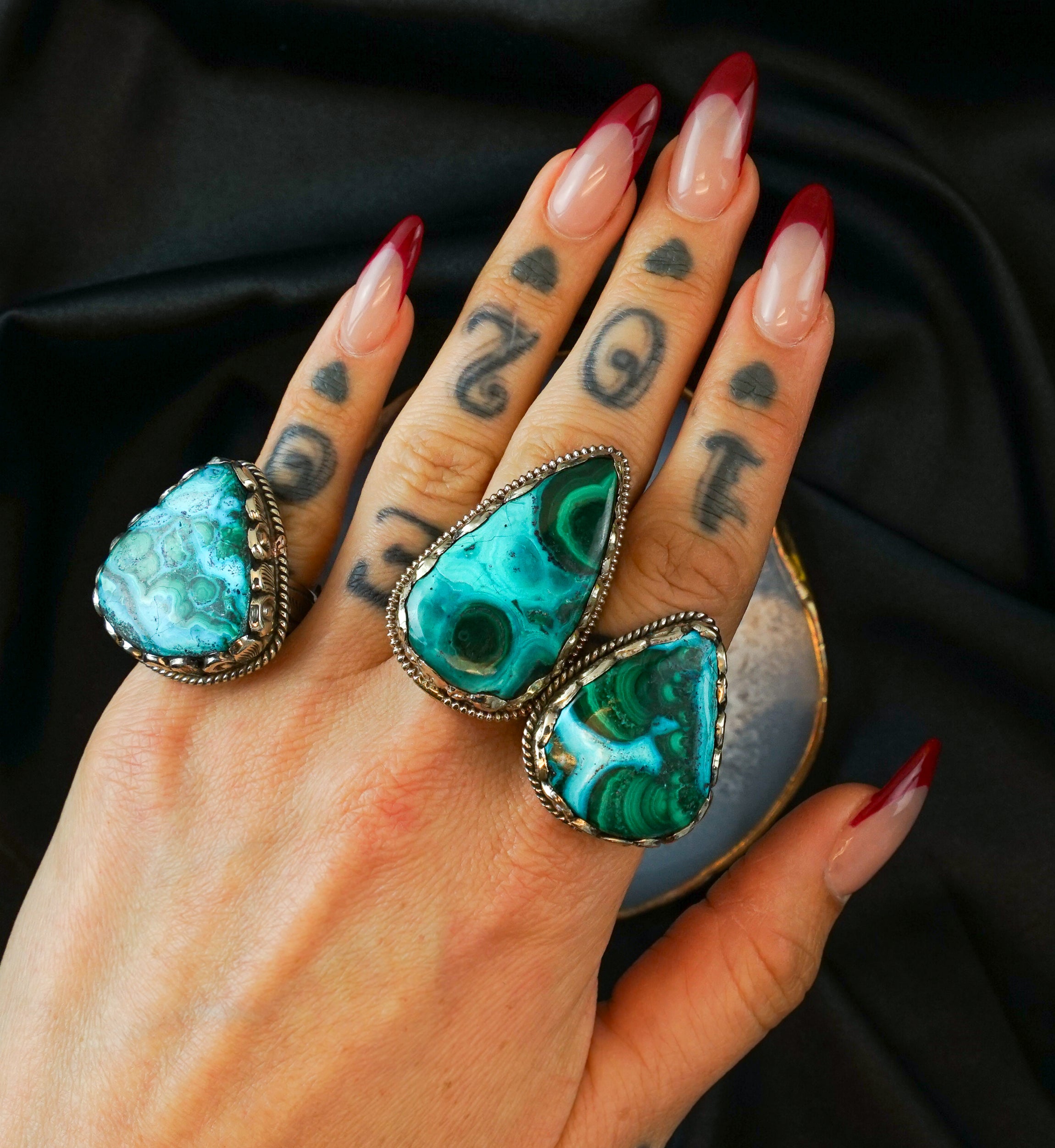 Ornate Chrysocolla Stone White Brass Ring