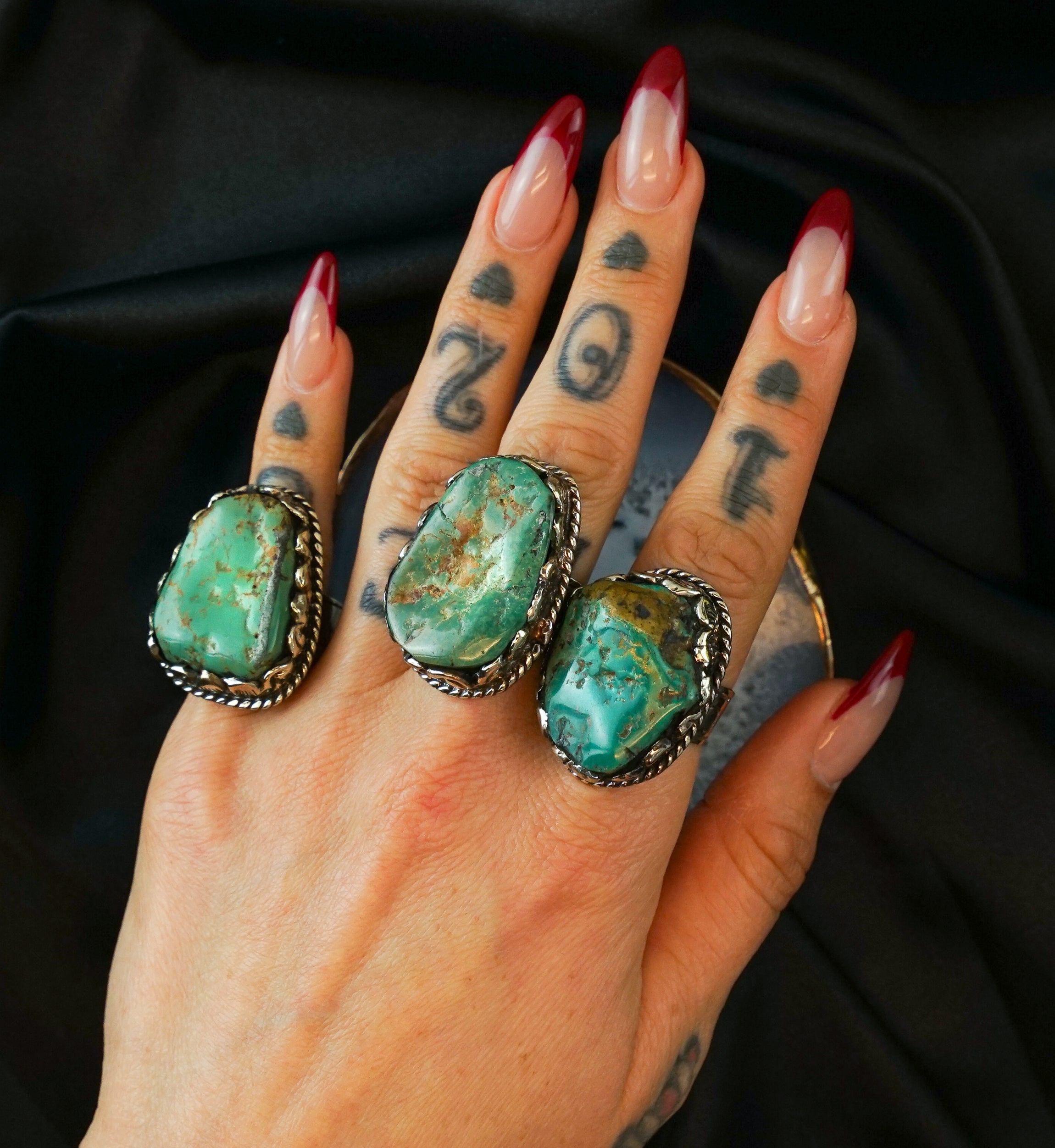 Ornate Turquoise Stone White Brass Ring