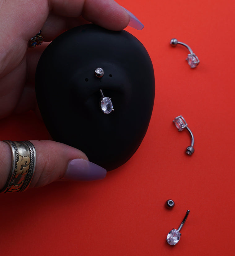 Oval Brass Prong Clear CZ Titanium Belly Button Ring