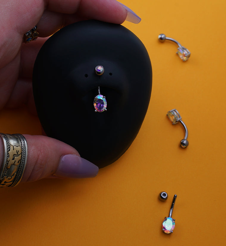 Oval Brass Prong Rainbow Aurora CZ Titanium Belly Button Ring