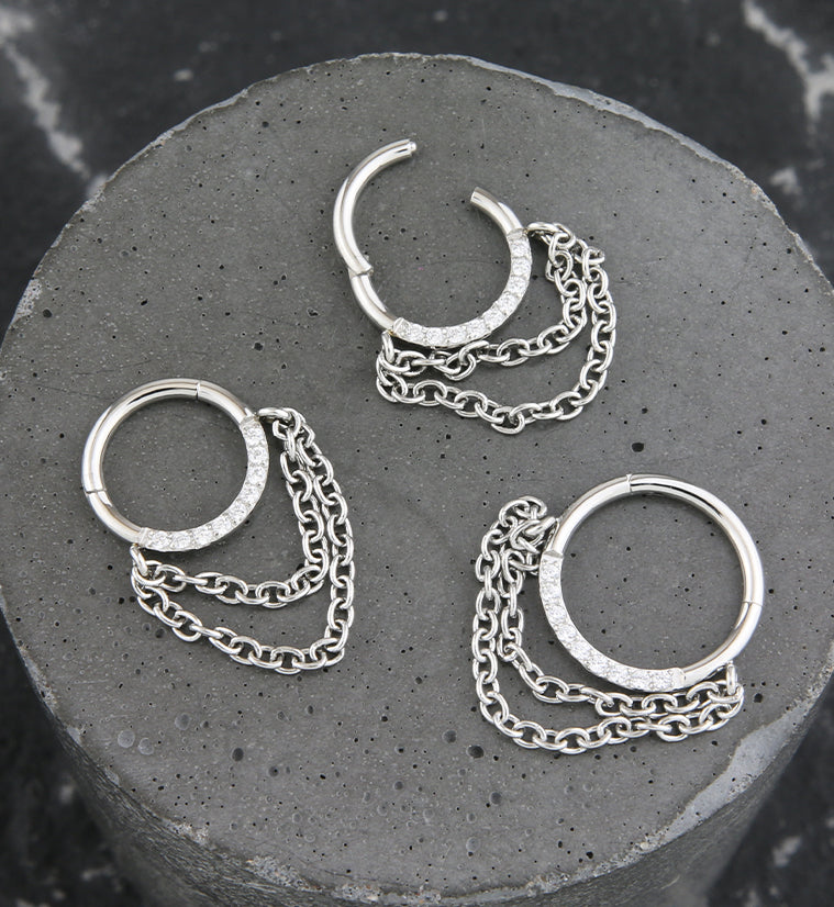 Pave Clear CZ Dual Dangle Chain Stainless Steel Hinged Segment Ring