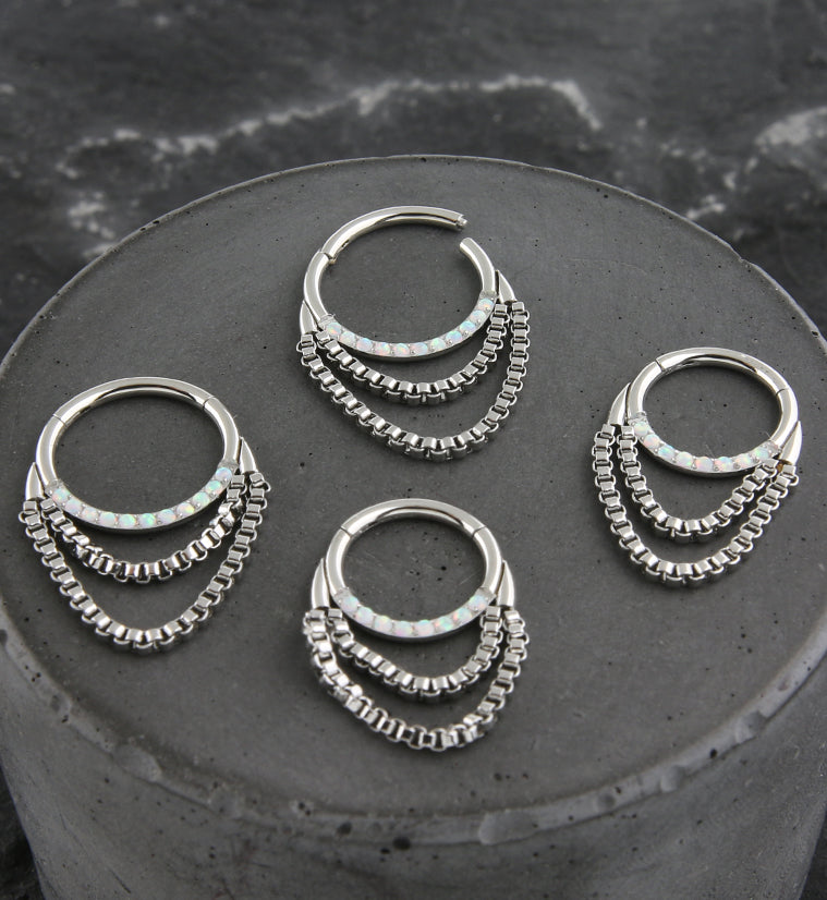 Pave CZ Double Dangle Chain Stainless Steel Hinged Segment Ring