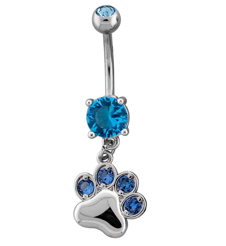 Paw Print Dangle Aqua CZ Stainless Steel Belly Button Ring