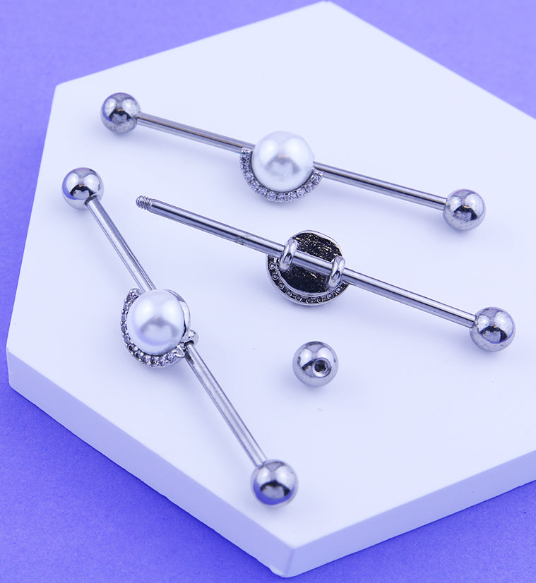 Pearl Clear CZ Rim Stainless Steel Industrial Barbell