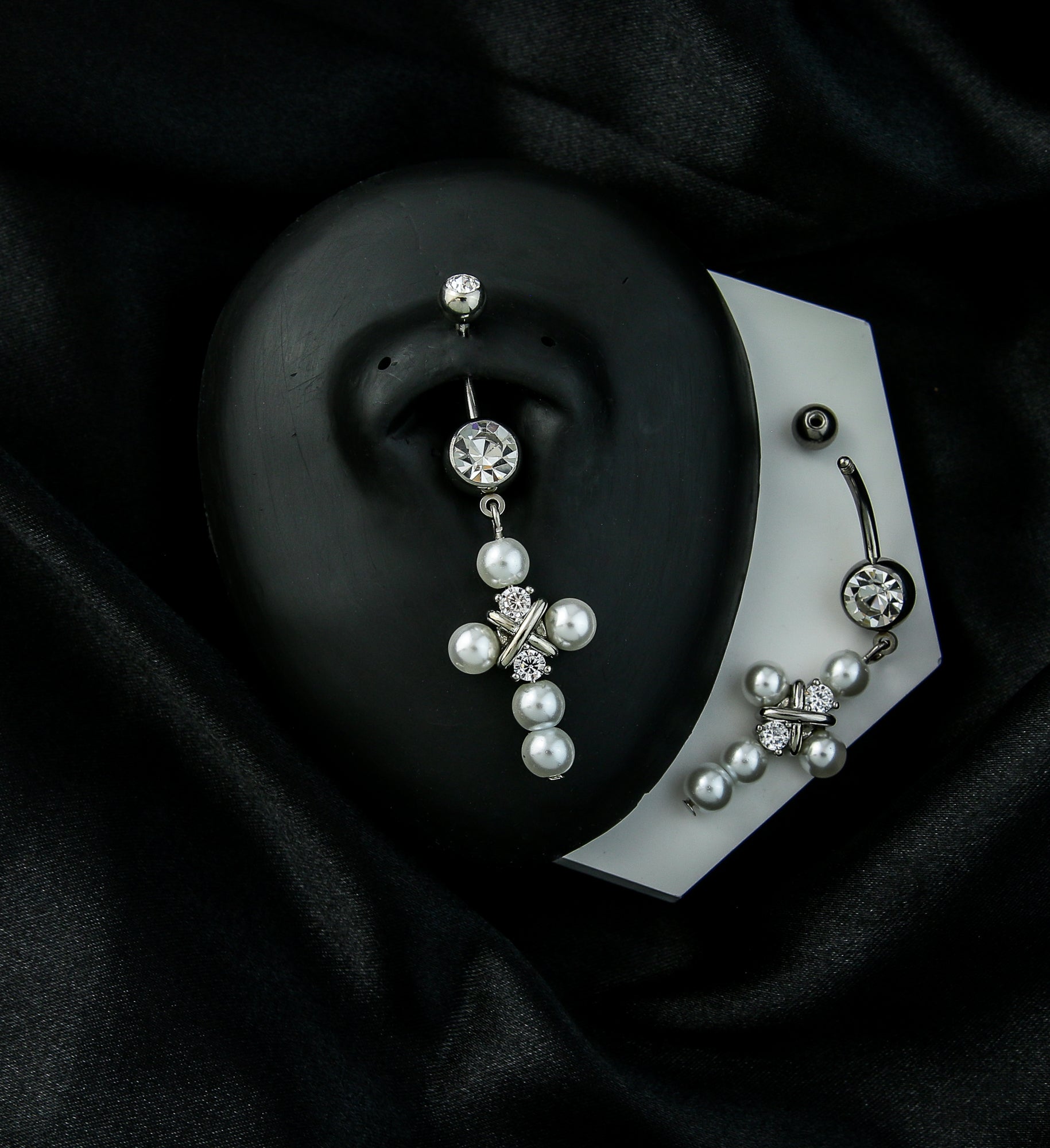 Pearl Cross CZ Dangle Stainless Steel Belly Button Ring