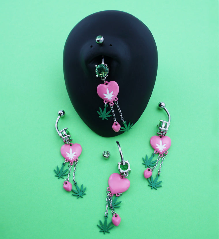 Pink Hemp Leaf Heart Dangle Stainless Steel Belly Button Ring