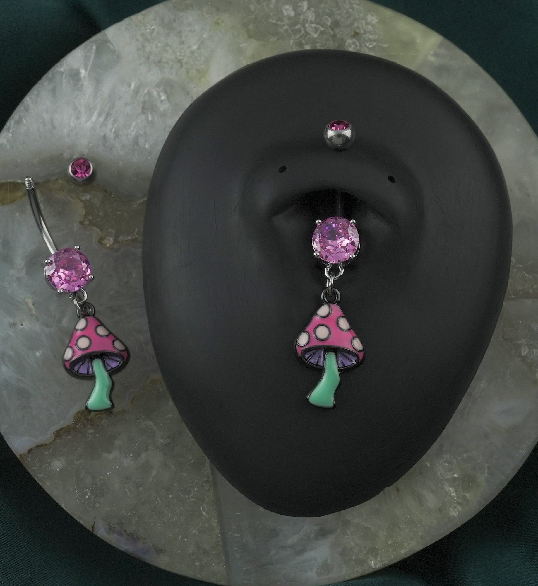 Pink Mushroom Pink CZ Stainless Steel Belly Button Ring