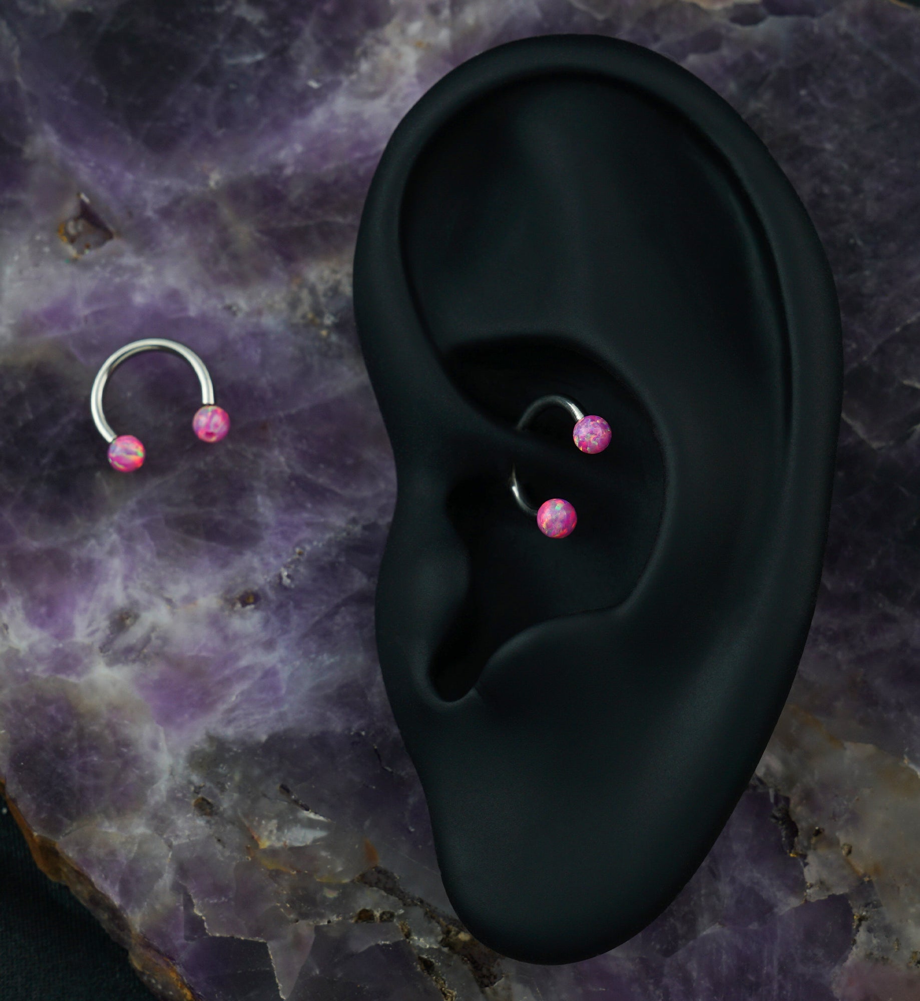 Pink Opalite Circular Stainless Steel Horseshoe Barbell