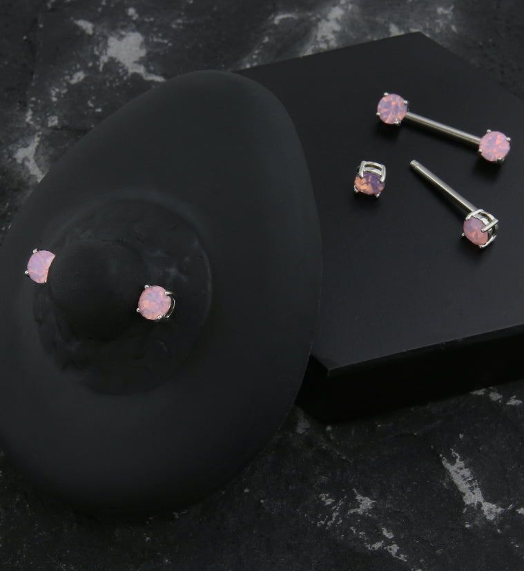 Pink Opalite Prong Stainless Steel Nipple Barbell