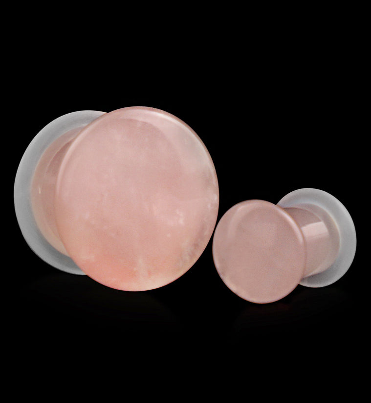 Pink Rose Quartz Stone Plugs - Single Flare with Grooves