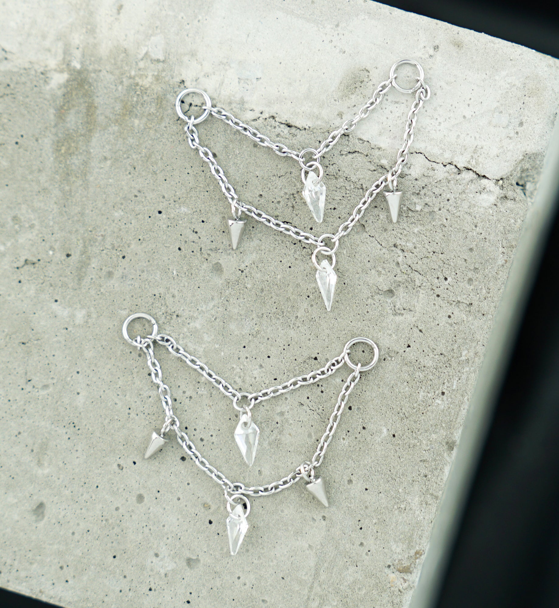 Platinum PVD Cone and Dart CZ Dangle Titanium Double Connecting Piercing Chain