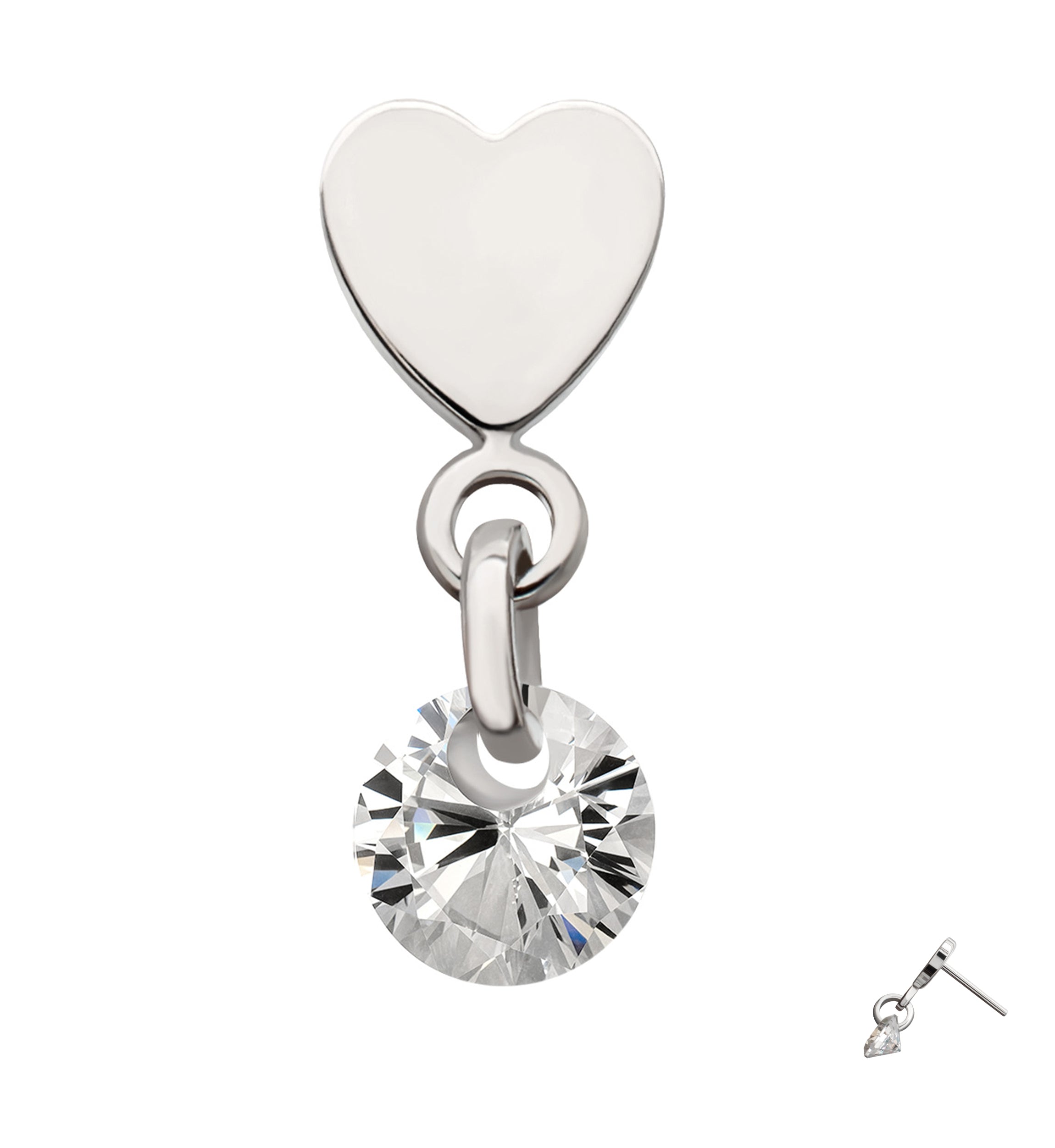 Platinum PVD Heart With Clear CZ Dangle Titanium Threadless Top