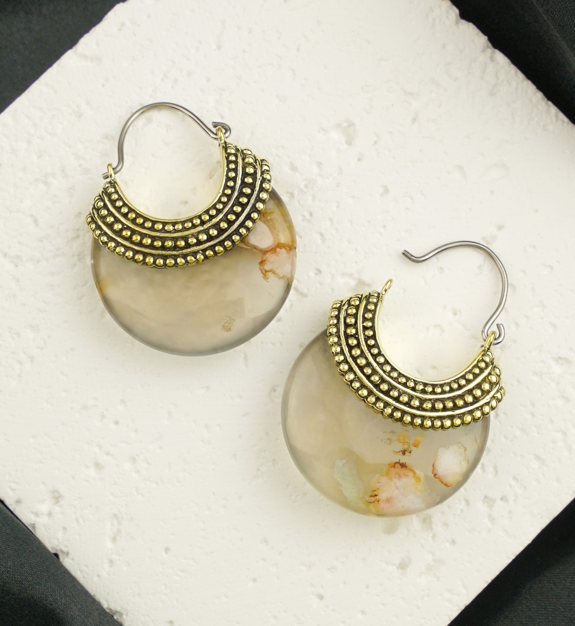 Plume Agate Beaded Brass Stone Earrings