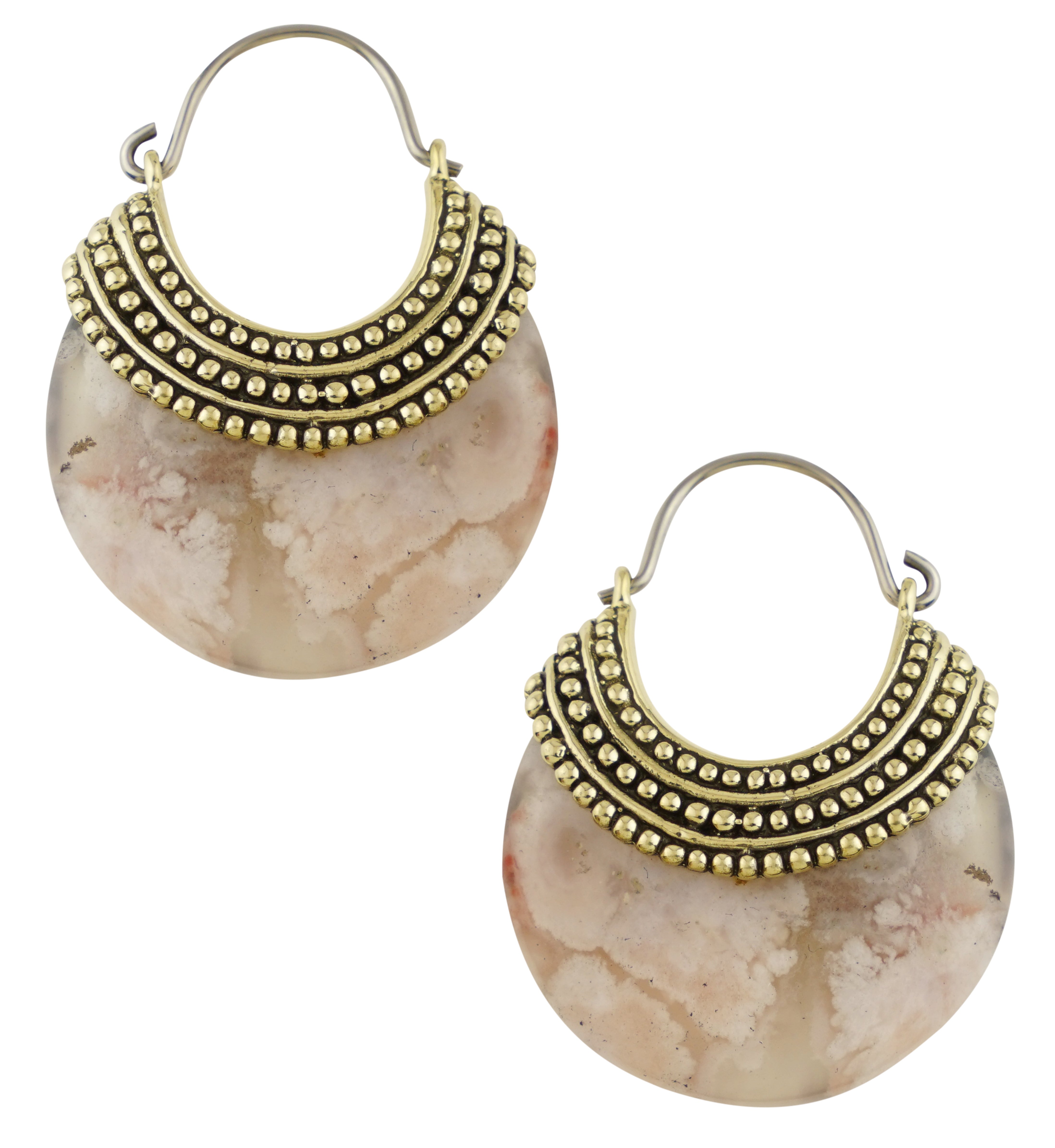 Plume Agate Beaded Brass Stone Earrings