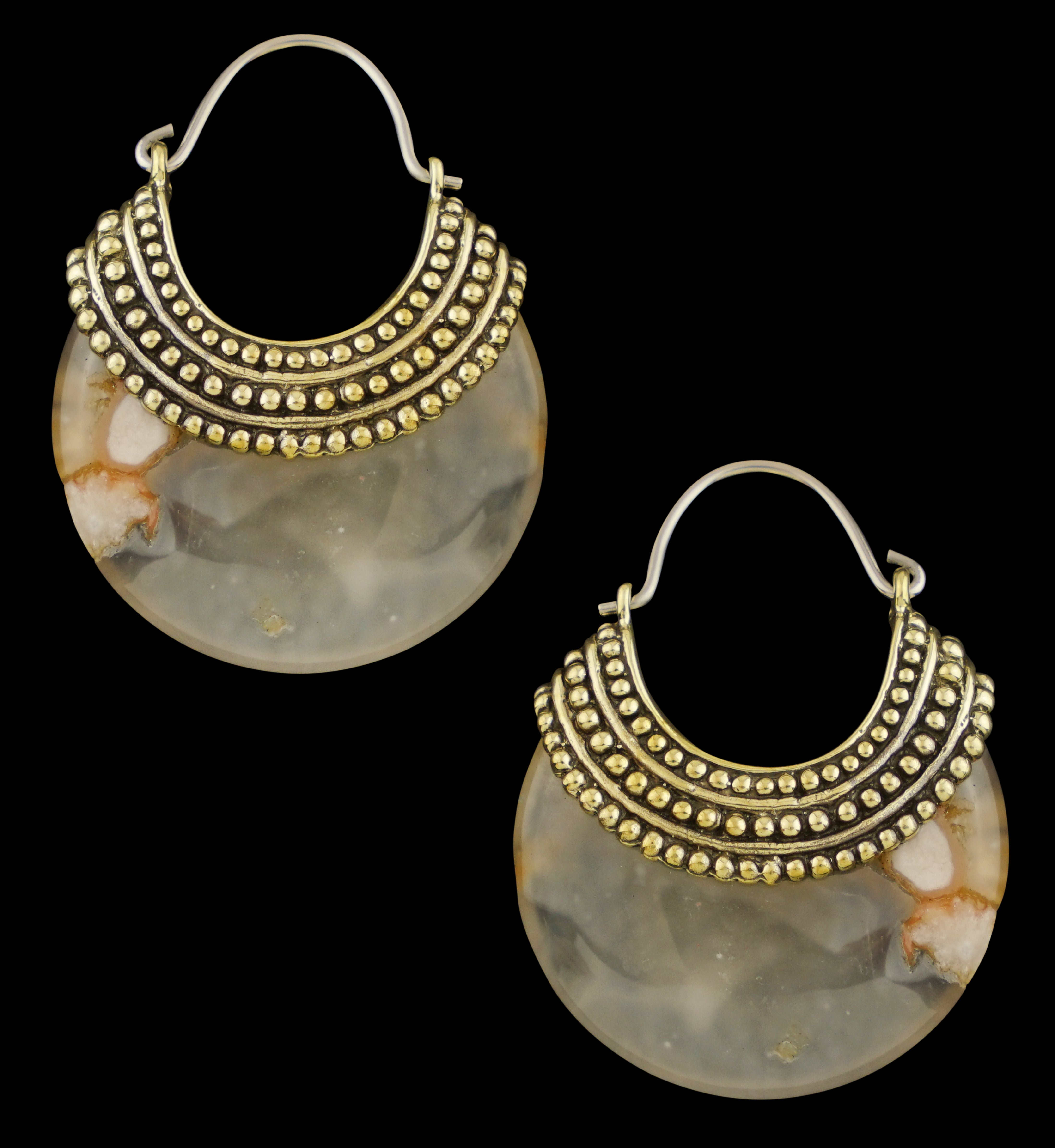 Plume Agate Beaded Brass Stone Earrings