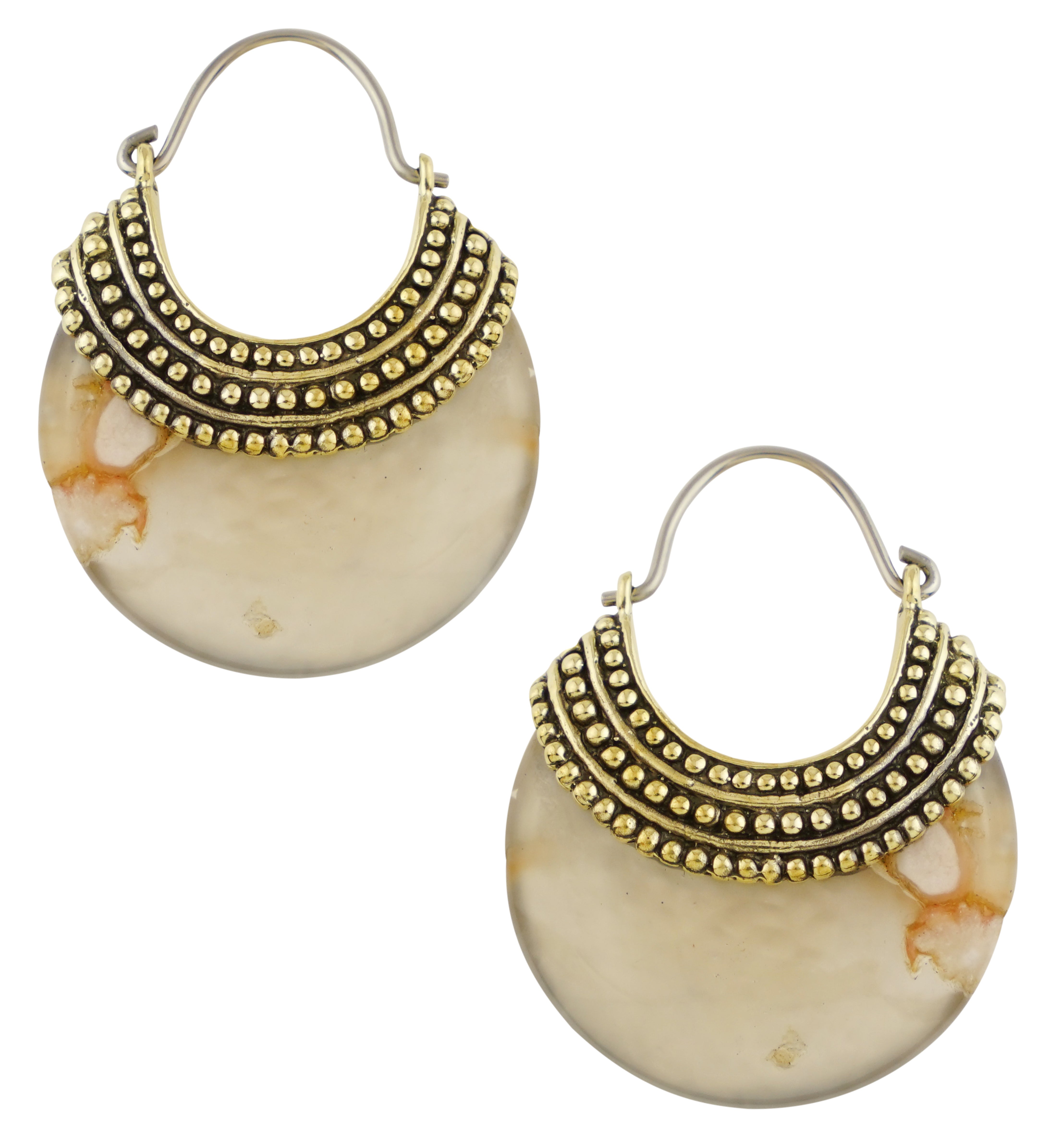 Plume Agate Beaded Brass Stone Earrings