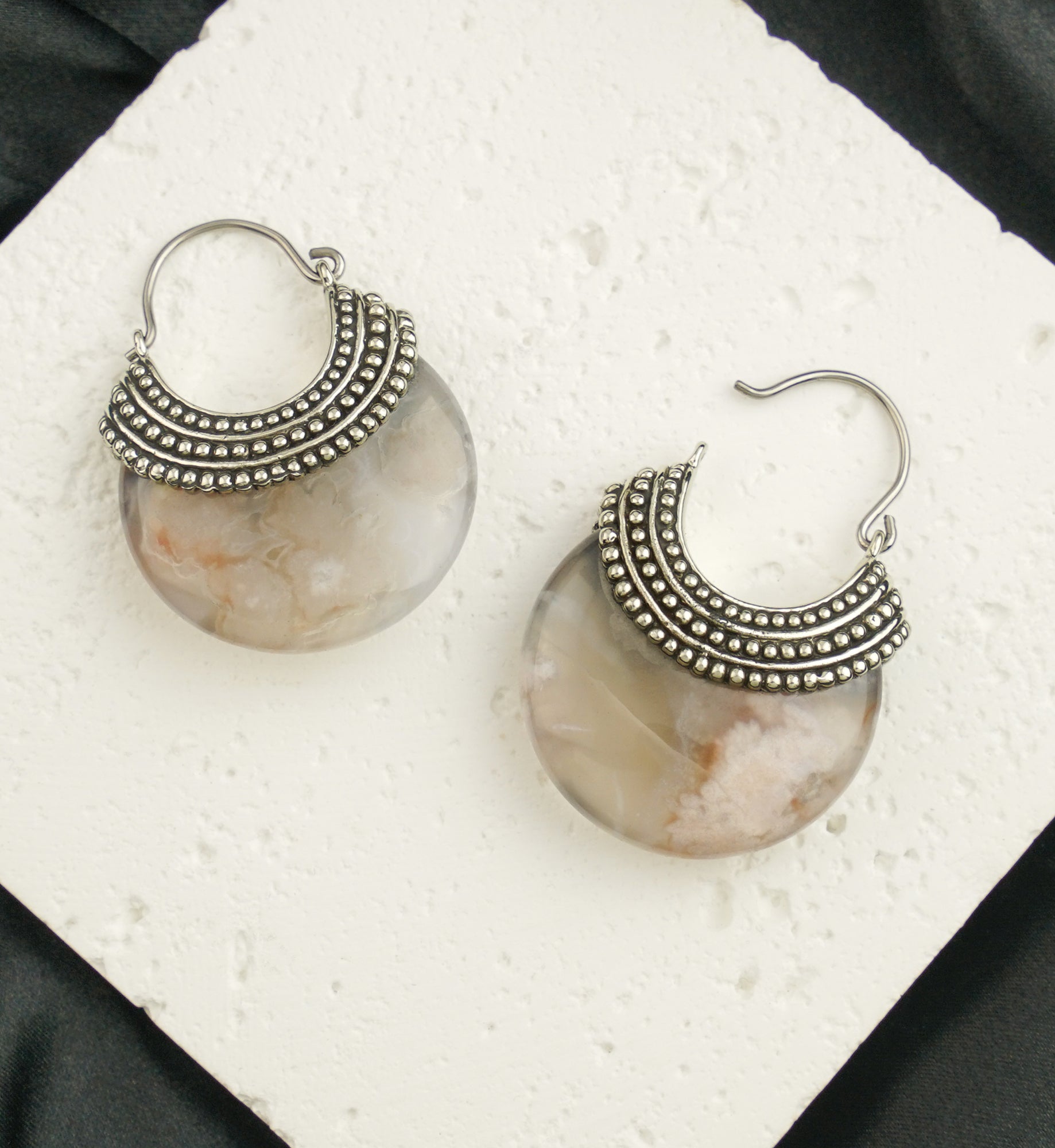 Plume Agate Beaded White Brass Stone Earrings