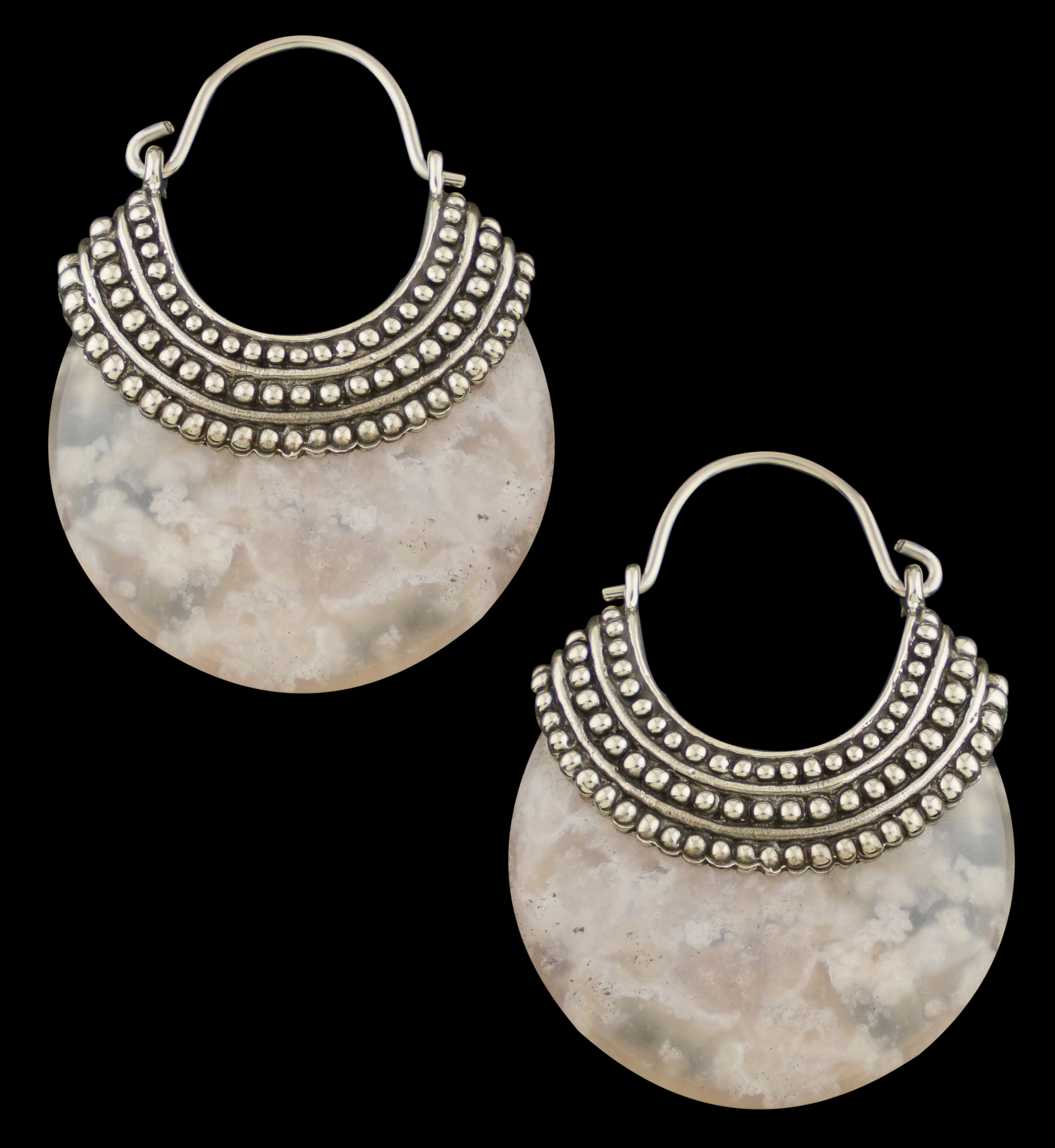 Plume Agate Beaded White Brass Stone Earrings