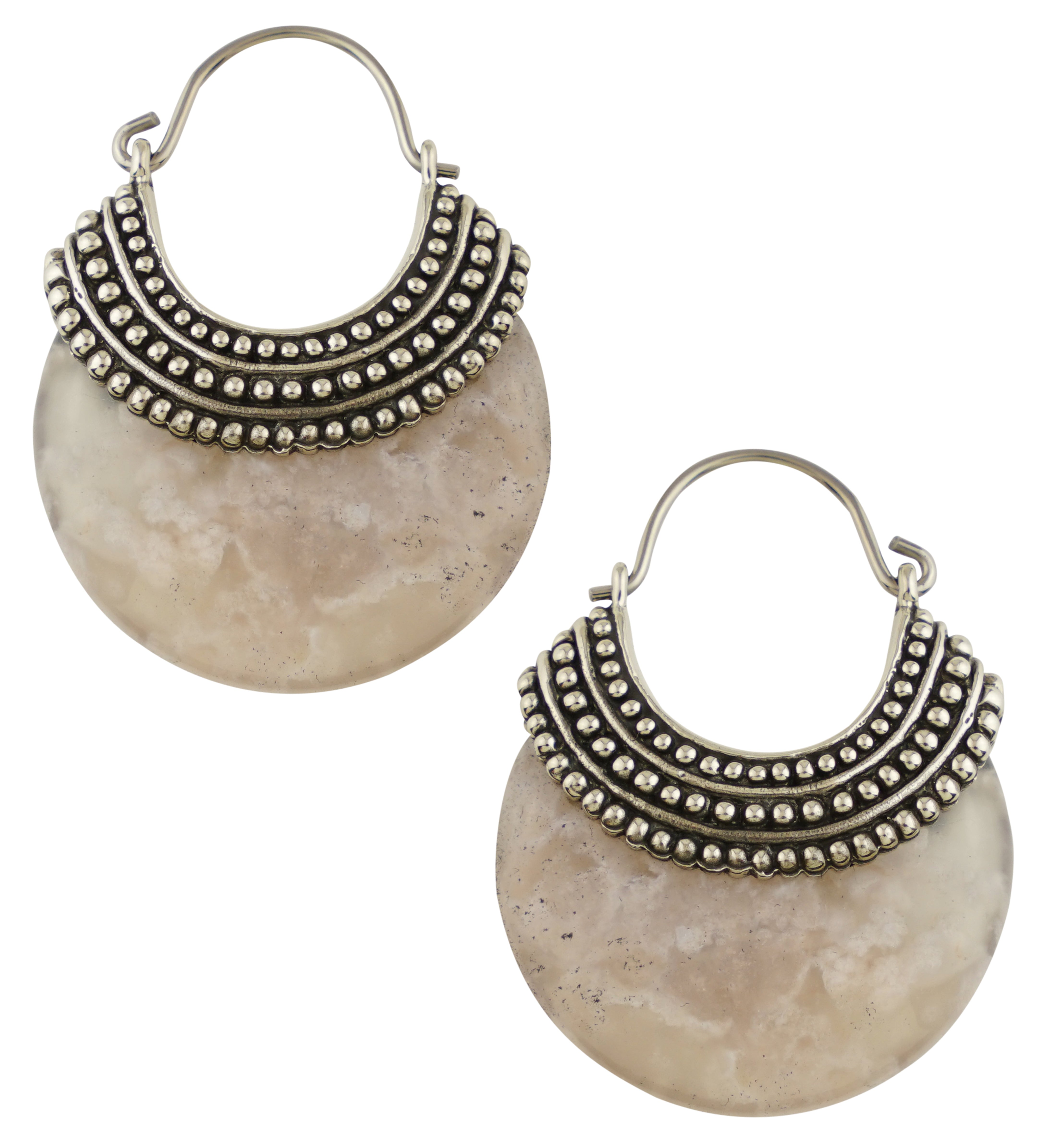 Plume Agate Beaded White Brass Stone Earrings